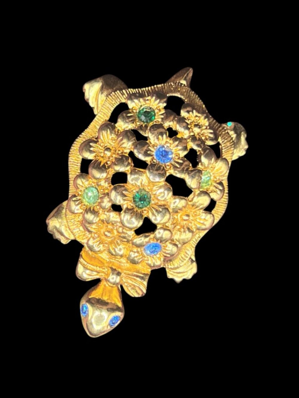 Vintage Avon Turtle Brooch Gold-Toned Metal With Rhinestones UV Reactive